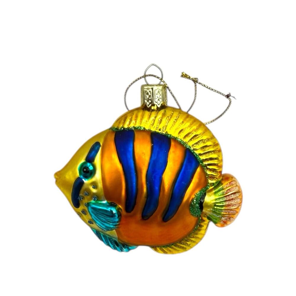 Blue Gold Orange Saltwater Fish Blown Glass Christmas Holiday Ornament 4" EUC